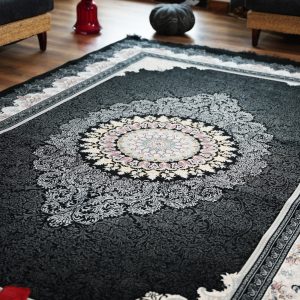 فرش ماشینی 700 شانه تراکم 2550 طرح دلاریس سرمه ای